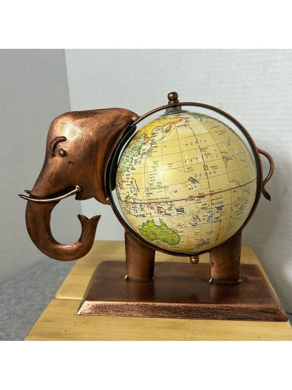 Elephant Earth Globe Revolving Metal Base Wildlife Jungle Decor 10x3.5x7.75”
